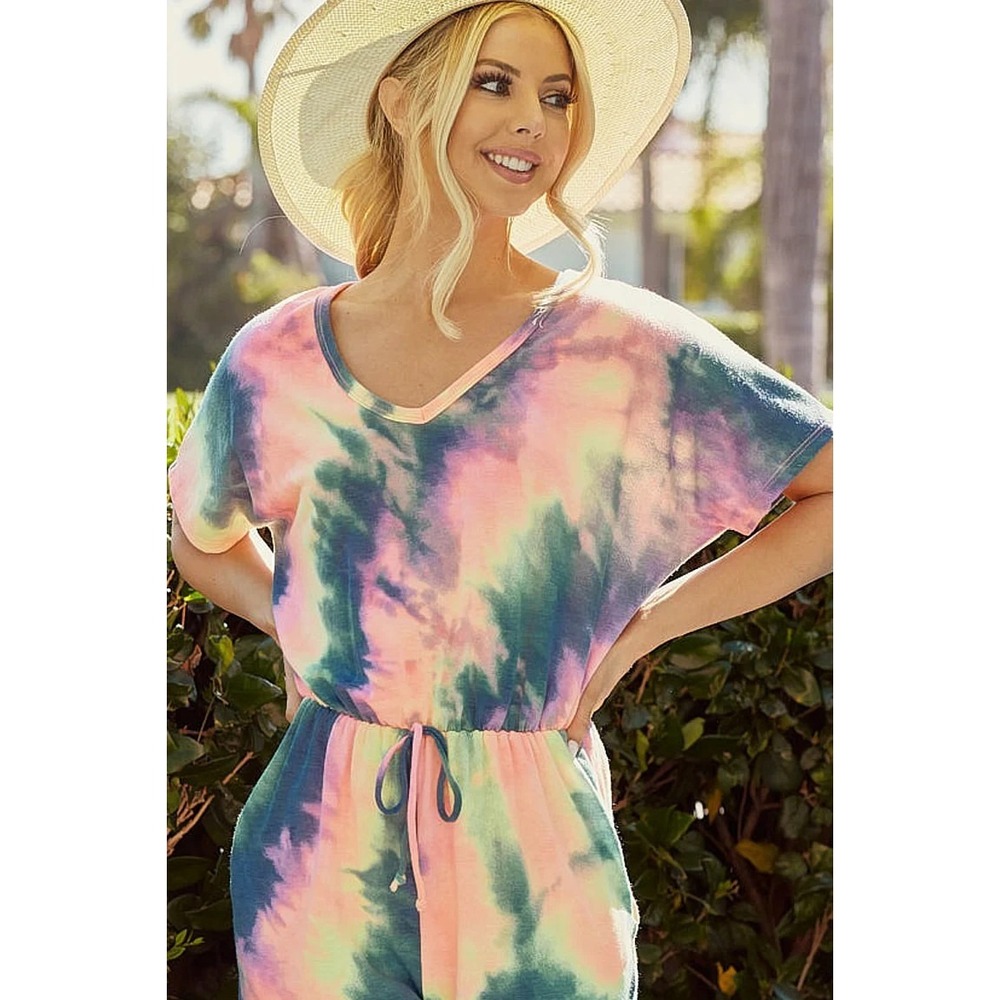 BiBi Tie Dye French Terry V-Neck Romper - Charcoal Tiedye - Small